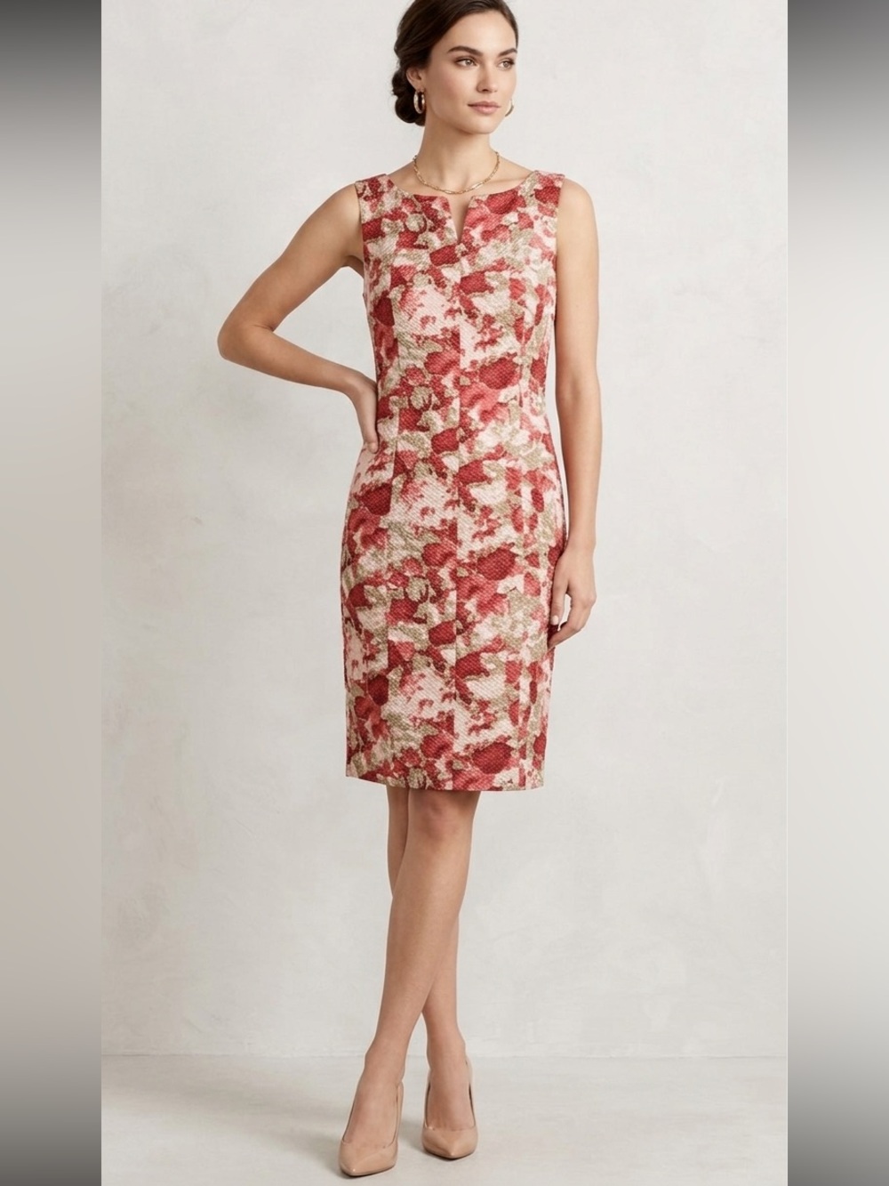 Talbots Petites 14 Red Pink Floral Cotton Sleeveless Sheath Suit Dress 14P